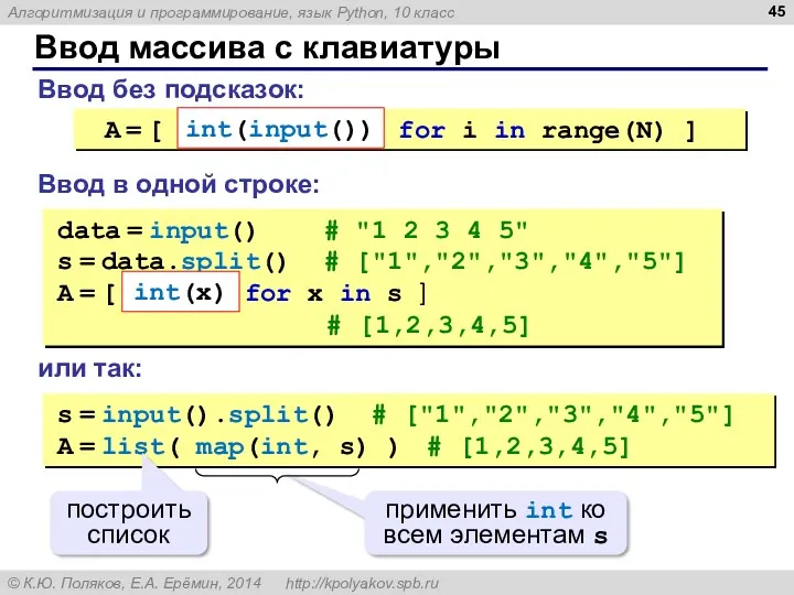 Ввод массива с клавиатуры Ввод без подсказок: Ввод в одной строке: A =