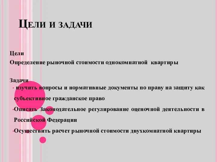 Цели и задачи Цели Определение рыночной стоимости однокомнатной квартиры Задачи