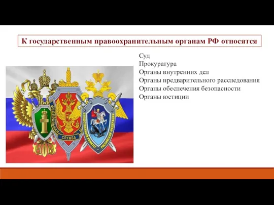 К государственным правоохранительным органам РФ относятся: Суд Прокуратура Органы внутренних дел Органы предварительного