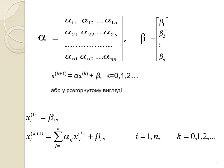 x(k+1) = αx(k) + β, k=0,1,2… або у розгорнутому вигляді