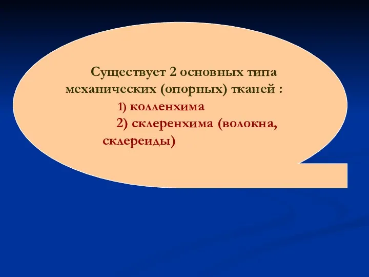 Существует 2 основных типа механических (опорных) тканей : 1) колленхима 2) склеренхима (волокна, склереиды)