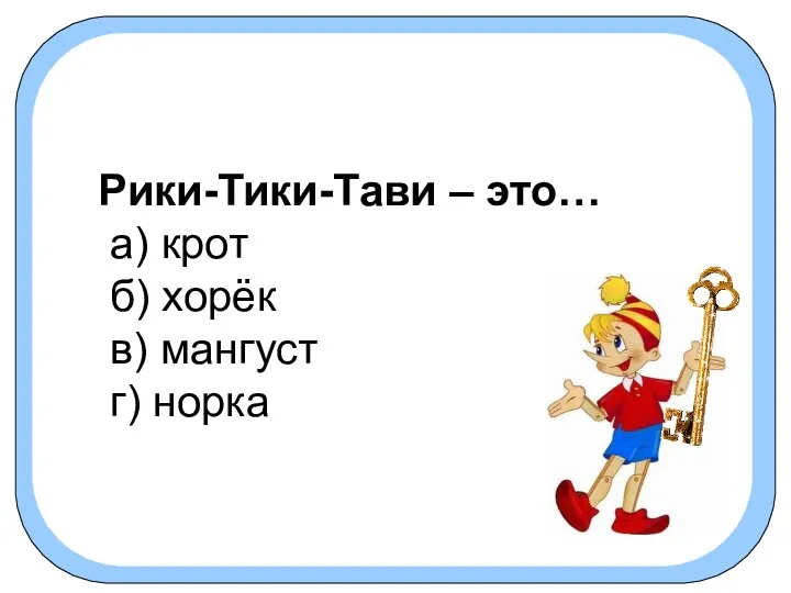 Рики-Тики-Тави – это… а) крот б) хорёк в) мангуст г) норка