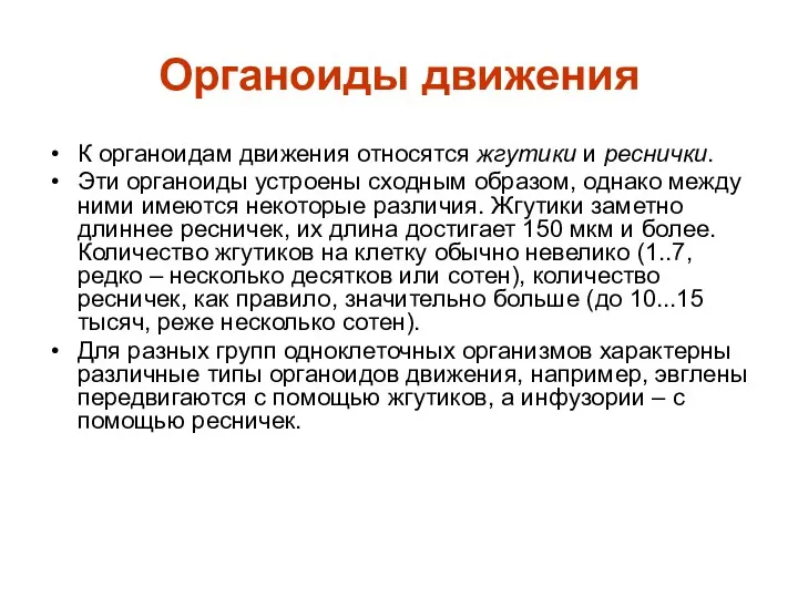 Органоиды движения К органоидам движения относятся жгутики и реснички. Эти органоиды устроены сходным