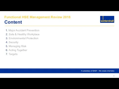 Functional HSE Management Review 2018 Content 1. Major Accident Prevention 2. Safe &