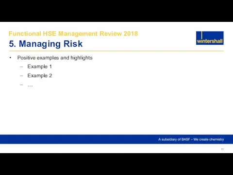 Functional HSE Management Review 2018 5. Managing Risk Positive examples and highlights Example
