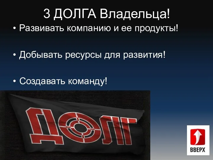 3 ДОЛГА Владельца! Развивать компанию и ее продукты! Добывать ресурсы для развития! Создавать команду!