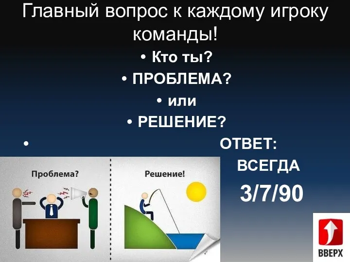 Главный вопрос к каждому игроку команды! Кто ты? ПРОБЛЕМА? или РЕШЕНИЕ? ОТВЕТ: ВСЕГДА 3/7/90