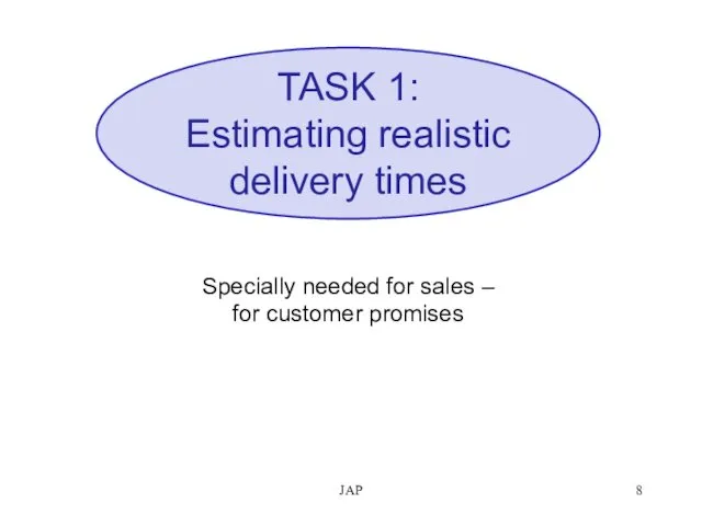 JAP TASK 1: Estimating realistic delivery times Specially needed for sales – for customer promises