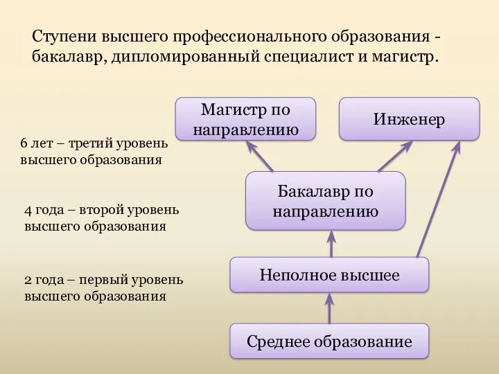 Ступени высшего профессионального образования - бакалавр, дипломированный специалист и магистр.