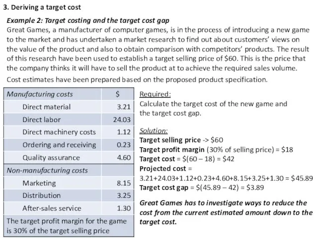 3. Deriving a target cost Example 2: Target costing and
