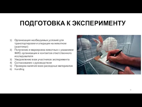 ПОДГОТОВКА К ЭКСПЕРИМЕНТУ Организация необходимых условий для транспортировки и операции