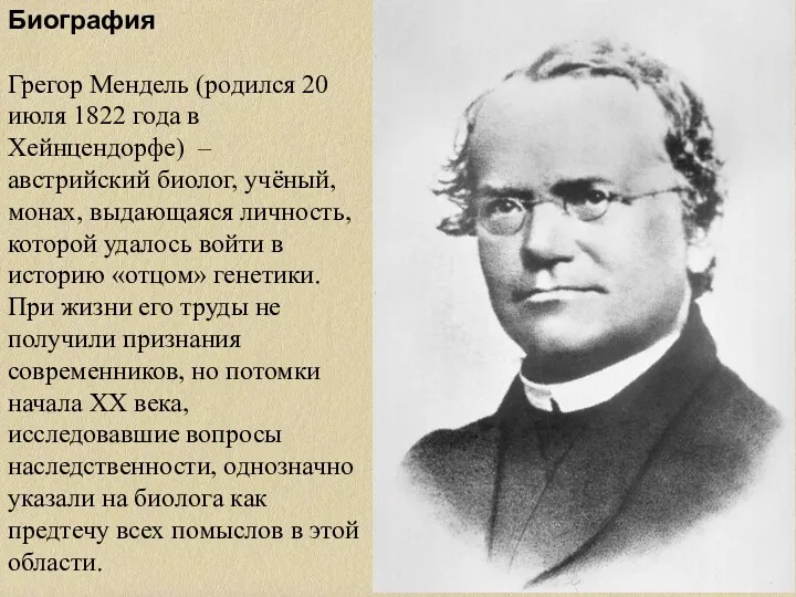 Биография Грегор Мендель (родился 20 июля 1822 года в Хейнцендорфе)