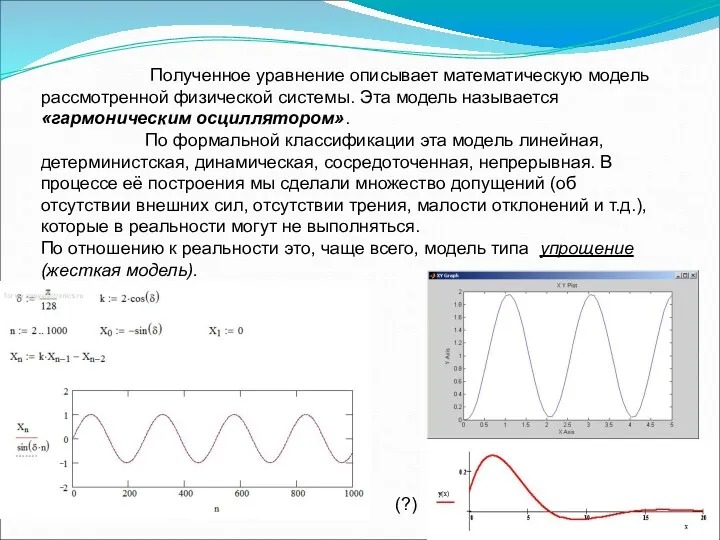 Полученное уравнение описывает математическую модель рассмотренной физической системы. Эта модель называется «гармоническим осциллятором».