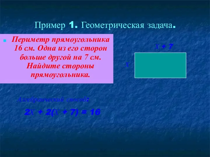 Пример 1. Геометрическая задача. Периметр прямоугольника 16 см. Одна из