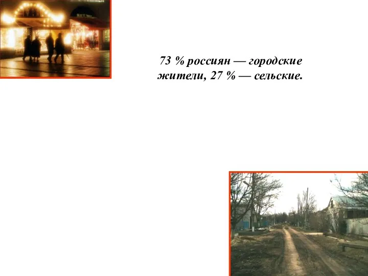 73 % россиян — городские жители, 27 % — сельские.