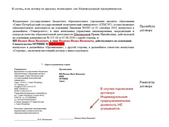 В случае, если договор на практику подписывает сам Индивидуальный предприниматель