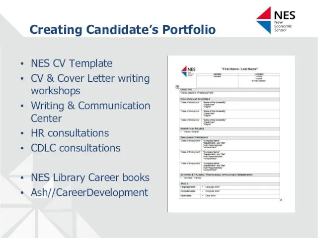 Creating Candidate’s Portfolio NES CV Template CV & Cover Letter