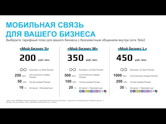 200 руб./мес. МОБИЛЬНАЯ СВЯЗЬ ДЛЯ ВАШЕГО БИЗНЕСА Пакеты минут, SMS/MMS