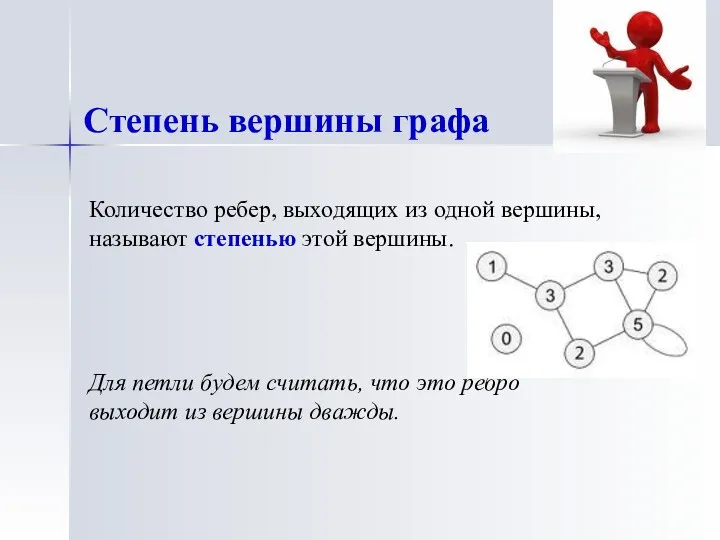 Количество ребер, выходящих из одной вершины, называют степенью этой вершины.