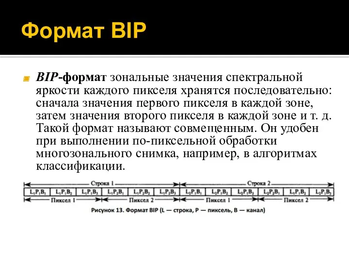 Формат BIP BIP-формат зональные значения спектральной яркости каждого пикселя хранятся последовательно: сначала значения