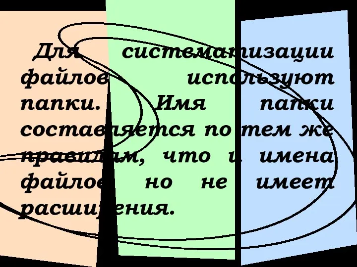 Для систематизации файлов используют папки. Имя папки составляется по тем