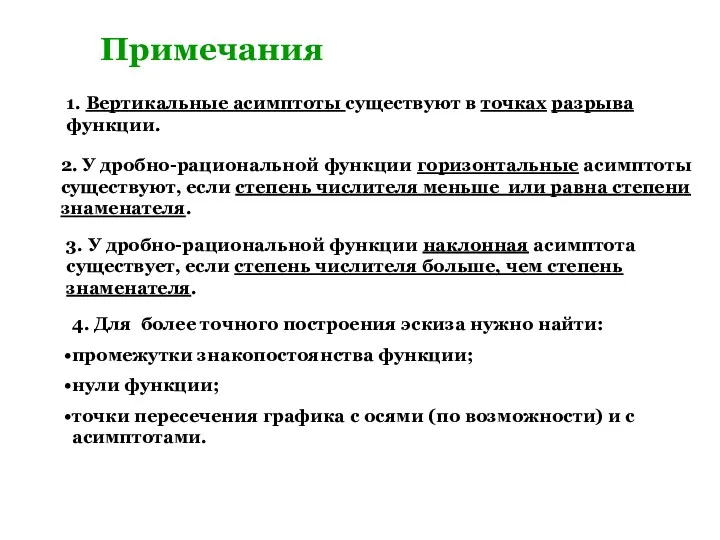 Примечания 1. Вертикальные асимптоты существуют в точках разрыва функции. 2.