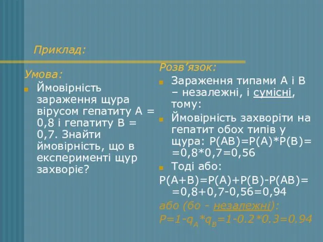 Приклад: Умова: Ймовірність зараження щура вірусом гепатиту А = 0,8