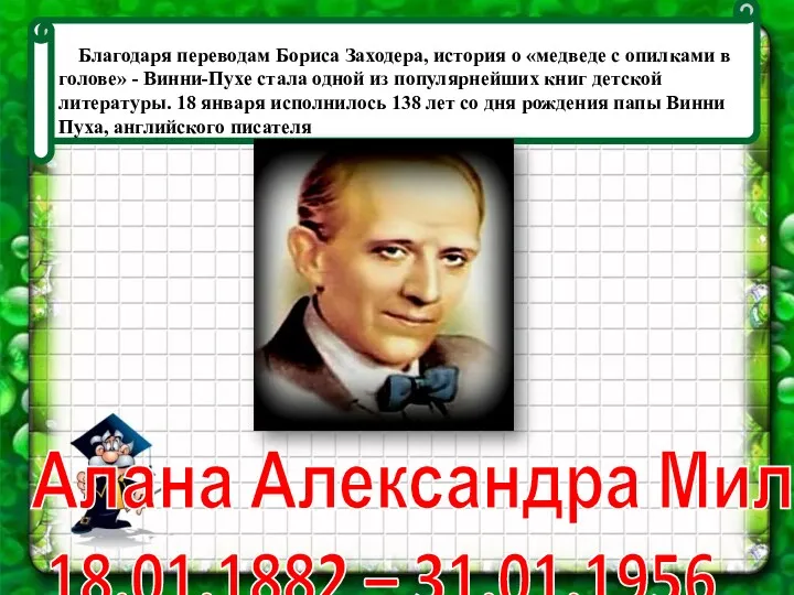 Алана Александра Милна 18.01.1882 – 31.01.1956 Благодаря переводам Бориса Заходера,