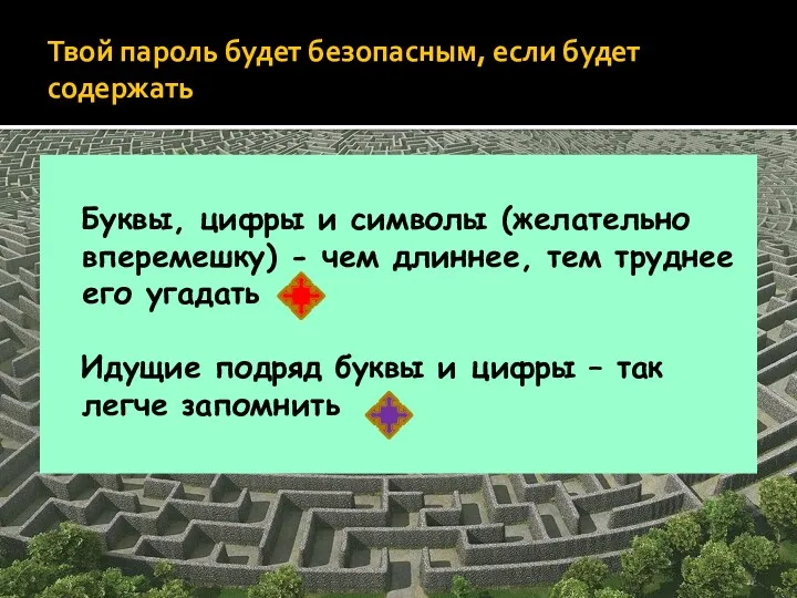 Твой пароль будет безопасным, если будет содержать Буквы, цифры и