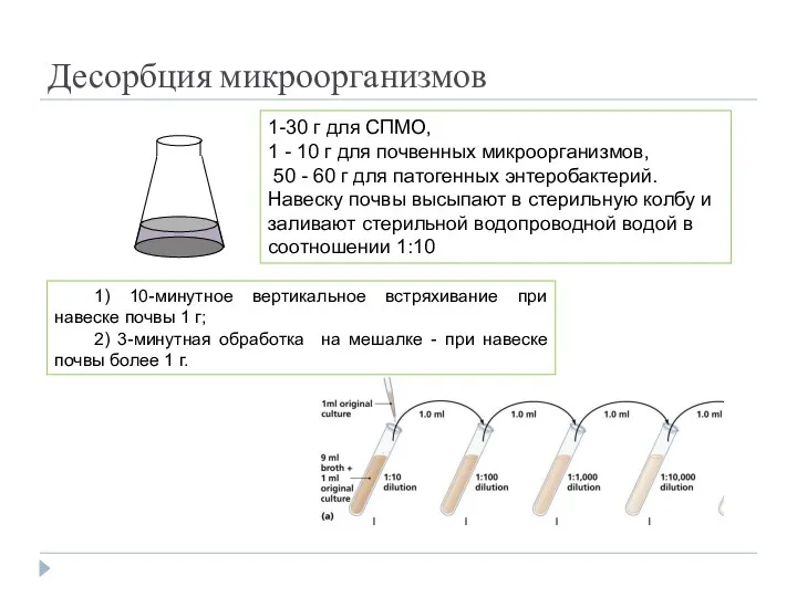 Десорбция микроорганизмов 1-30 г для СПМО, 1 - 10 г