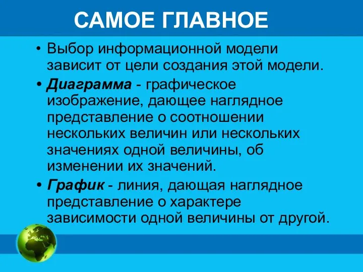 САМОЕ ГЛАВНОЕ Выбор информационной модели зависит от цели создания этой