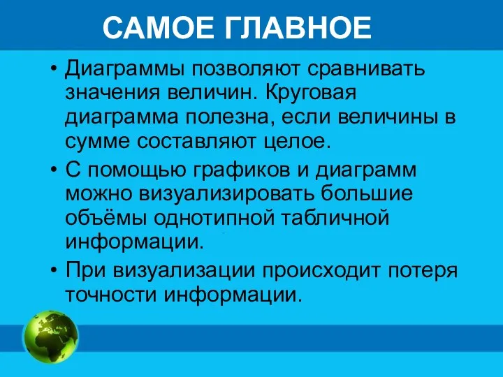 Диаграммы позволяют сравнивать значения величин. Круговая диаграмма полезна, если величины