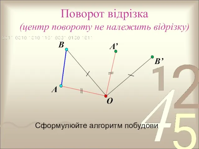 Поворот відрізка (центр повороту не належить відрізку) O А В B’ А’ Сформулюйте алгоритм побудови
