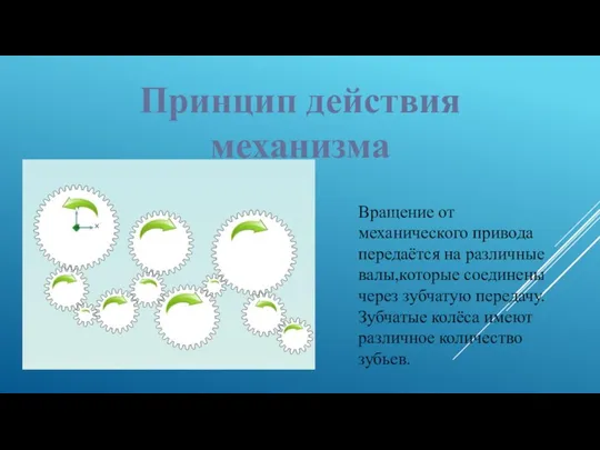 Принцип действия механизма Вращение от механического привода передаётся на различные