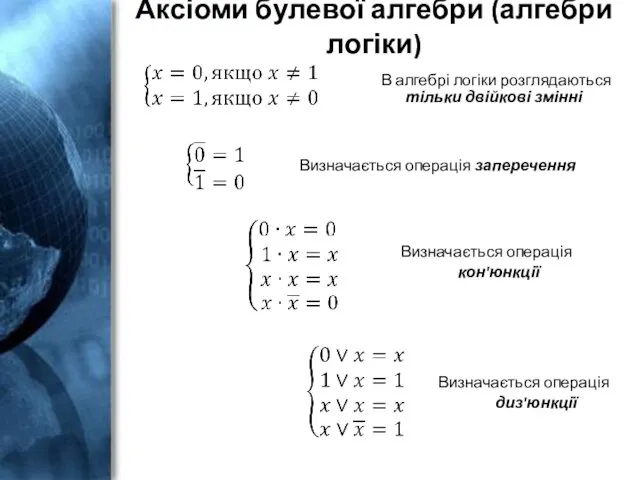 Аксіоми булевої алгебри (алгебри логіки) В алгебрі логіки розглядаються тільки