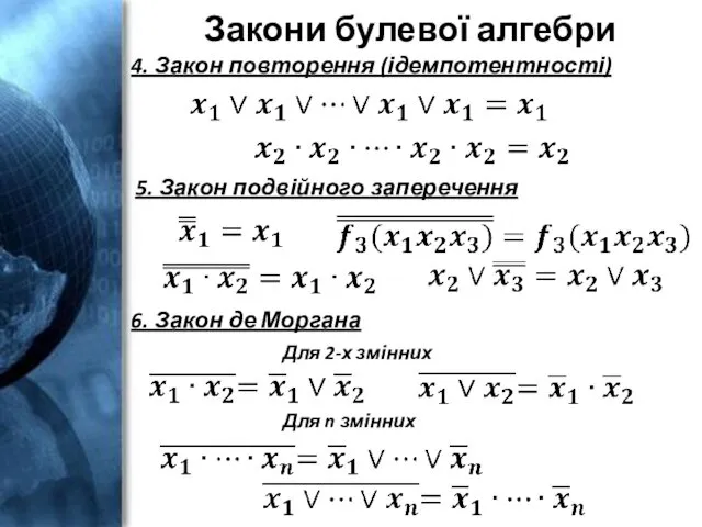 Закони булевої алгебри 4. Закон повторення (ідемпотентності) 5. Закон подвійного