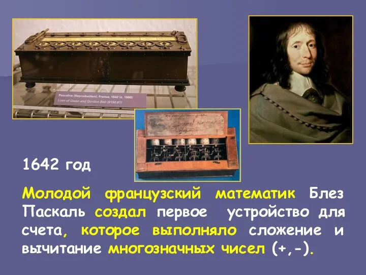 1642 год Молодой французский математик Блез Паскаль создал первое устройство