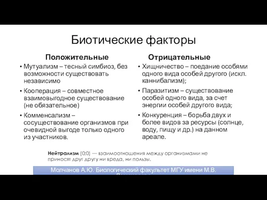 Биотические факторы Положительные Мутуализм – тесный симбиоз, без возможности существовать