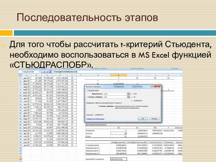 Для того чтобы рассчитать t-критерий Стьюдента, необходимо воспользоваться в MS Excel функцией «СТЬЮДРАСПОБР». Последовательность этапов