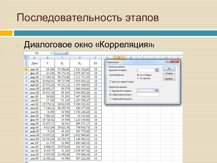 Последовательность этапов Диалоговое окно «Корреляция»: