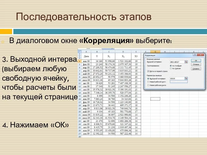 Последовательность этапов В диалоговом окне «Корреляция» выберите: 3. Выходной интервал