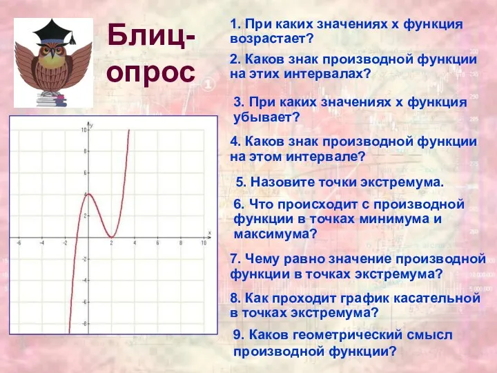 Блиц- опрос 1. При каких значениях х функция возрастает? 2.