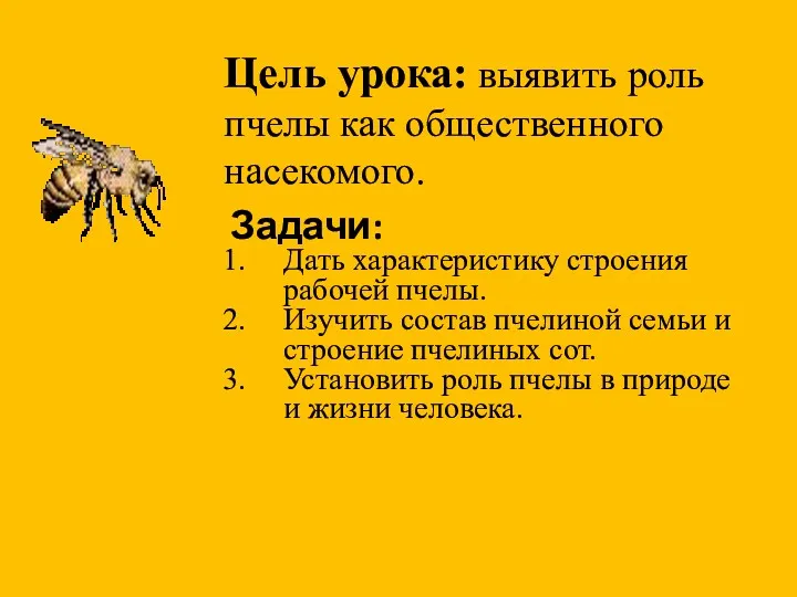 Цель урока: выявить роль пчелы как общественного насекомого. Задачи: Дать