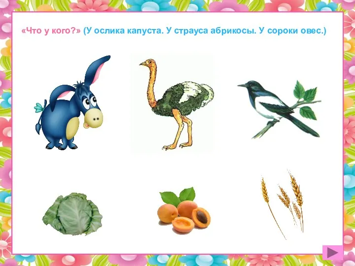«Что у кого?» «Что у кого?» (У ослика капуста. У страуса абрикосы. У сороки овес.)
