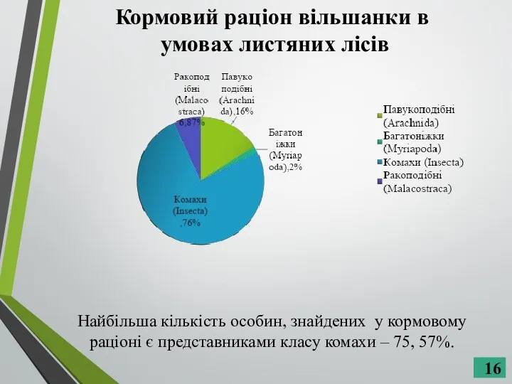 Кормовий раціон вільшанки в умовах листяних лісів Найбільша кількість особин, знайдених у кормовому