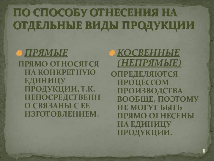 ПО СПОСОБУ ОТНЕСЕНИЯ НА ОТДЕЛЬНЫЕ ВИДЫ ПРОДУКЦИИ ПРЯМЫЕ ПРЯМО ОТНОСЯТСЯ