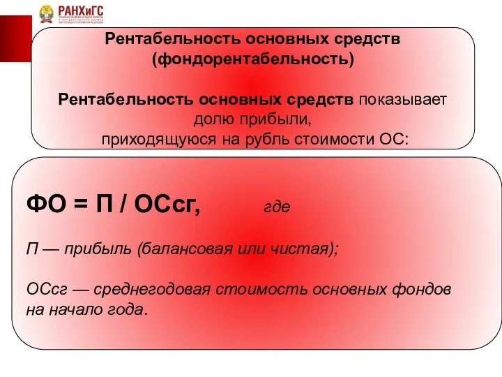 Рентабельность основных средств (фондорентабельность) Рентабельность основных средств показывает долю прибыли,