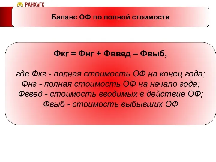 Баланс ОФ по полной стоимости Фкг = Фнг + Фввед