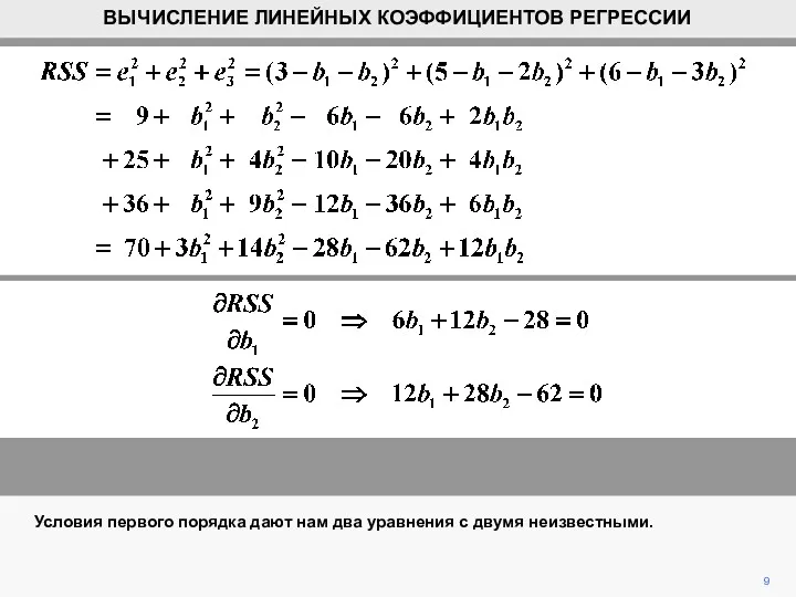 Условия первого порядка дают нам два уравнения с двумя неизвестными. 9 ВЫЧИСЛЕНИЕ ЛИНЕЙНЫХ КОЭФФИЦИЕНТОВ РЕГРЕССИИ