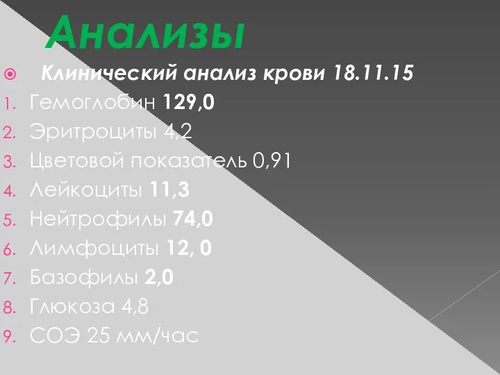 Анализы Клинический анализ крови 18.11.15 Гемоглобин 129,0 Эритроциты 4,2 Цветовой